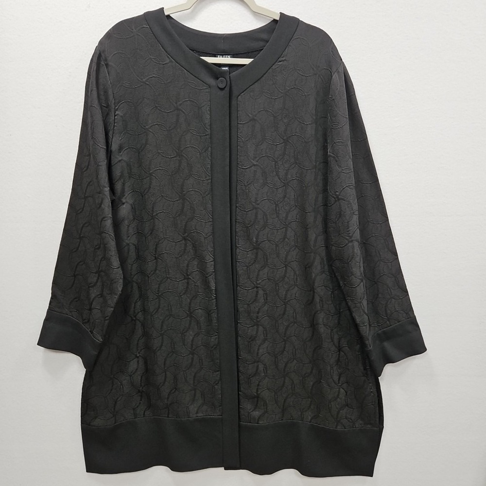 Eileen Fisher Black Swirl 1X Jacquard Open Front Long Cardigan Jacket‎ Lagenlook